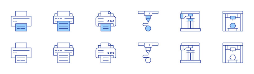Printer icon set in two styles, Duotone and Thin Line style. Editable stroke. print calendar, print template, print job, print photo, print icon, print quality