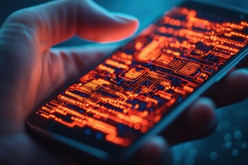 Hand holding smartphone with glowing circuit board design, dark background