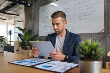 A man is sitting at a desk with a tablet in front of him