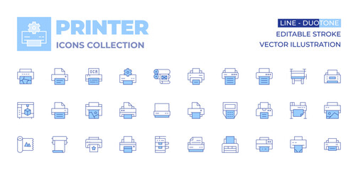 Printer icons collection. Line Duotone style, editable stroke. print chart, print report, print invoice, print packing slip, print shopping list, print card, print pattern, print fabric, print t-shirt