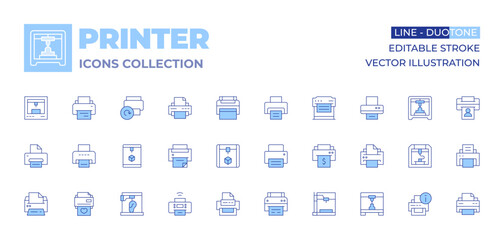 Printer icons collection. Line Duotone style, editable stroke. print preview, print alignment, print security, print calibration