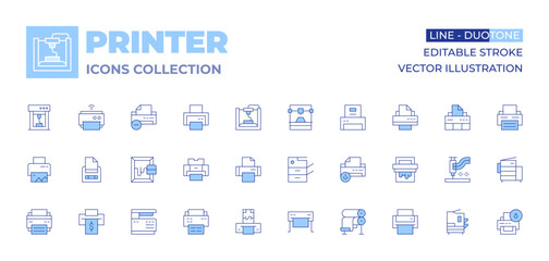 Printer icons collection. Line Duotone style, editable stroke. subtract, power, scanner, printing, serigraphy, paperroll, printer