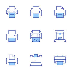 Printer icons set. Line Duotone style, editable stroke. print paper, print book, print catalog, network printer, cloud