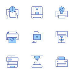 Printer icons set. Line Duotone style, editable stroke. print security, ink cartridge, print head, printingmachine, plotter