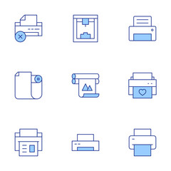 Printer icons set. Line Duotone style, editable stroke. print server, print t-shirt, wireless printing, cross, print from phone