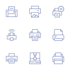 Printer icons set. Thin Line style, editable stroke. duplex printing, print quality issues, wireless printer security, cloud print services