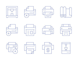 Printer icons. Thin Line style, editable stroke. add, printing, cross, remove, paperroll, printingmachine, printer