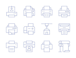 Printer icons. Thin Line style, editable stroke. ink cartridge, 3d printing, printing speed, print resolution