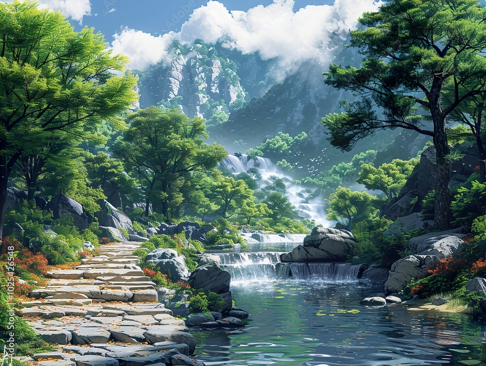 Wall mural serene waterfall in a lush forest landscape