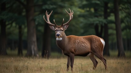 Fototapeta premium A majestic red deer buck with large antlers stands in a forest clearing, looking directly at the camera.