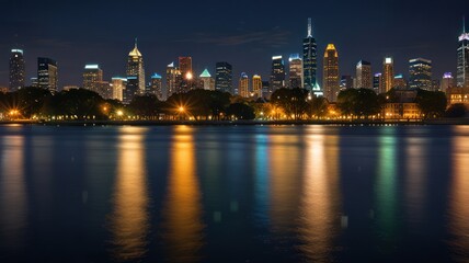 Obraz premium A panoramic view of a city skyline at night, with tall buildings illuminated and reflected in a calm body of water.