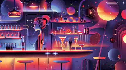 Obraz premium A vibrant, futuristic bar scene with a stylized bartender and colorful drinks.