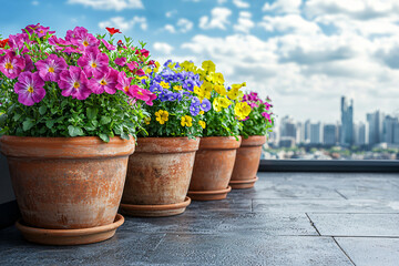 urban balcony garden with colorful annuals in terracotta pots, city skyline visible in background