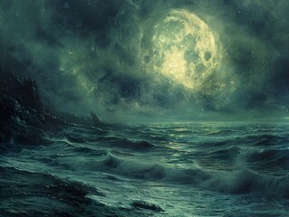 Mystical Night Seascape with Full Moon and Starry Sky