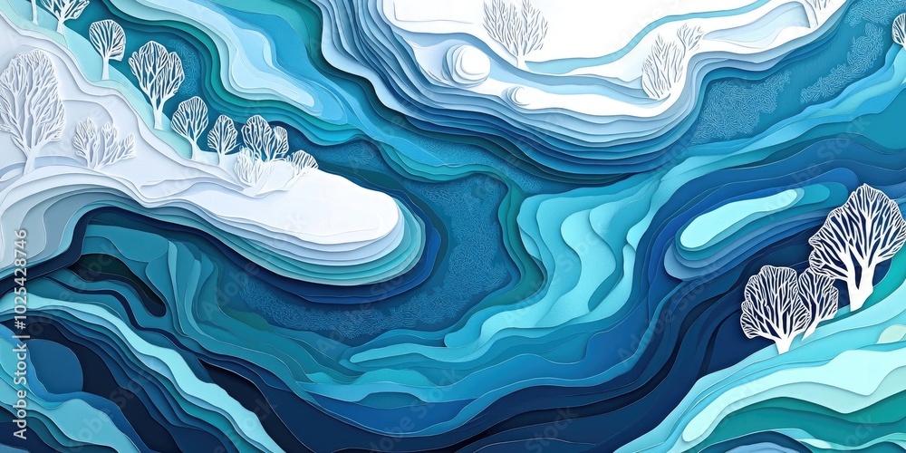 Aufkleber Aerial perspective of frozen patterns on a river surface, Aerial view of frost patterns on a river