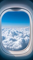 Aerial panorama of a vast blue sky with fluffy white clouds, framed by an airplane window