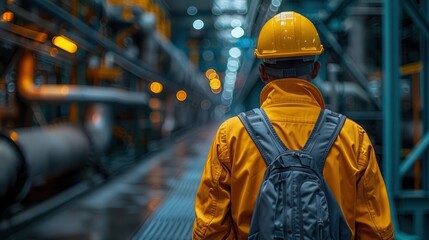 Worker in Yellow Jacket and Helmet in Industrial Setting