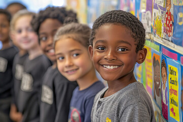diverse group of elementary school children smiling at camera, classroom setting with colorful educational posters