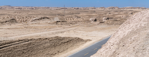 Top view to the highway between the Yadan rock formations, Qinghai, China