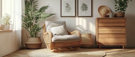 A wall displays two framed posters, complemented by a wicker dresser and an inviting armchair with pillows in the room.