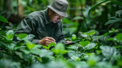 Man Working in Lush Greenery with Digital Tablet