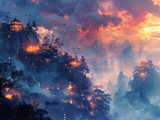 Dreamy Sunset Landscape with City on Mountaintop