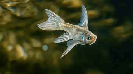 Fototapeta premium A flying fish gliding gracefully above the water, captured mid-air with its fins extended. The fish's shimmering scales reflect the sunlight as it takes flight, showcasing the beauty and agility 