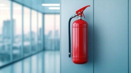 A red fire extinguisher mounted on a wall in a modern office space, symbolizing safety and fire prevention.