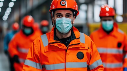 A group of workers in bright orange uniforms and helmets, wearing masks, stand in an industrial environment, highlighting safety and teamwork.