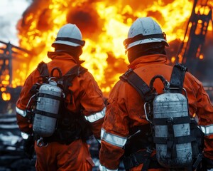 Firefighters in protective gear face a blazing inferno, showcasing bravery and dedication in emergency response.