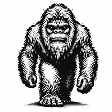 Black and white illustration of a yeti silhouette vector clip art element
