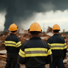 Three firefighters observe a dramatic sky, standing amidst debris, preparing for action in an emergency response situation.