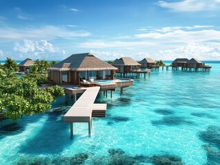Fototapeta premium Overwater bungalows with private pools and wooden walkways in a tropical lagoon