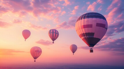 Obraz premium Five hot air balloons fly against a stunning sunset sky.