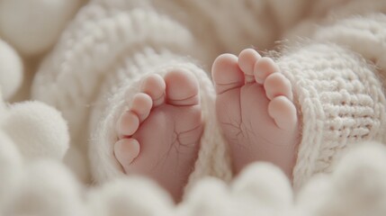 Close-up of a newborn baby's feet wrapped in a white knitted blanket.