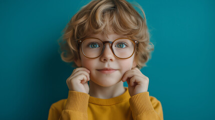 A child trying on a pair of glasses for the first time, symbolizing the impact of vision care on young people, with copy space, World Sight Day