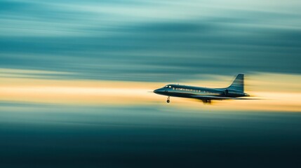 A private jet flying through the sky with a blurred background.