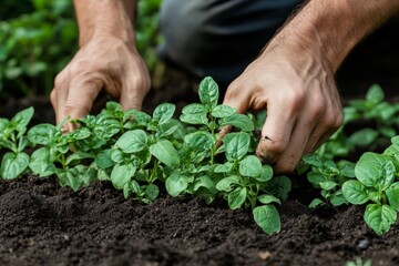 Hands Planting Green Seedlings in Soil