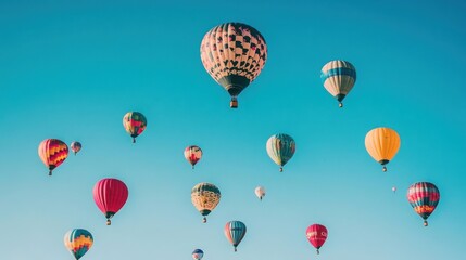 A vibrant array of hot air balloons soar across a clear blue sky.