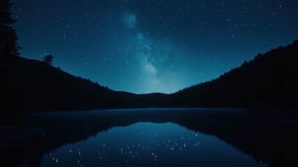 A serene lake with a starry night sky reflecting in the water.  The Milky Way is visible in the sky.
