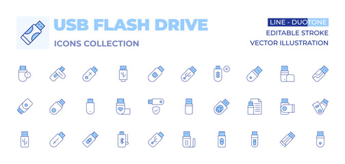 Usb flash drive icons collection. Line Duotone style, editable stroke. external hard drive, USB drive for Mac, secure USB drive, USB drive repair, USB 3.0