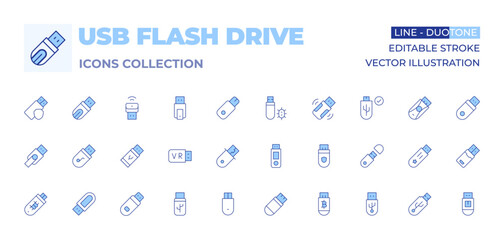 Usb flash drive icons collection. Line Duotone style, editable stroke. USB extension cable, dual USB drive, USB drive benchmark