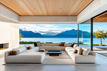 a modern Hawaiian lanai with expansive ocean view, blending indoor-outdoor living