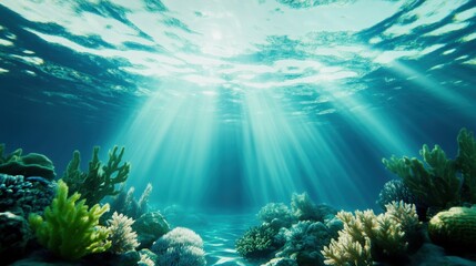 Fototapeta premium Underwater Scene with Sunlight and Coral Reef