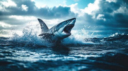 Fototapeta premium Dynamic Shark Breaching Water Surface Under Cloudy Sky