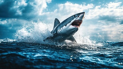 Fototapeta premium Majestic Great White Shark Breaching Ocean Surface