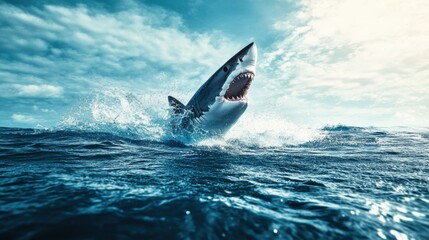 Fototapeta premium Majestic Shark Breaching Ocean Surface at Sunrise