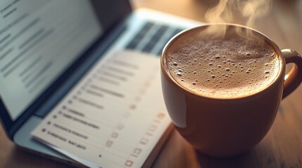 A steaming cup of coffee sits next to a laptop on a wooden table, suggesting a break from work.