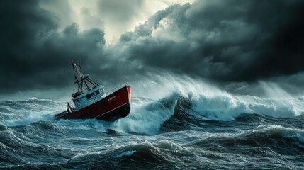 Naklejka premium Struggling Boat in Stormy Ocean Waves