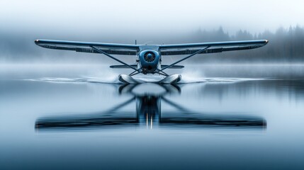 A seaplane takes off from a calm lake, surrounded by fog and trees.